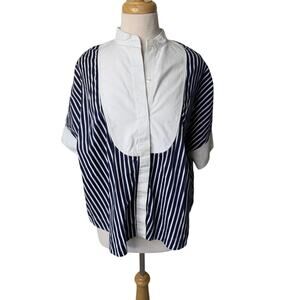 CH Carolina Herrera Striped Tuxedo 3/4 Sleeve Navy Cotton Blouse